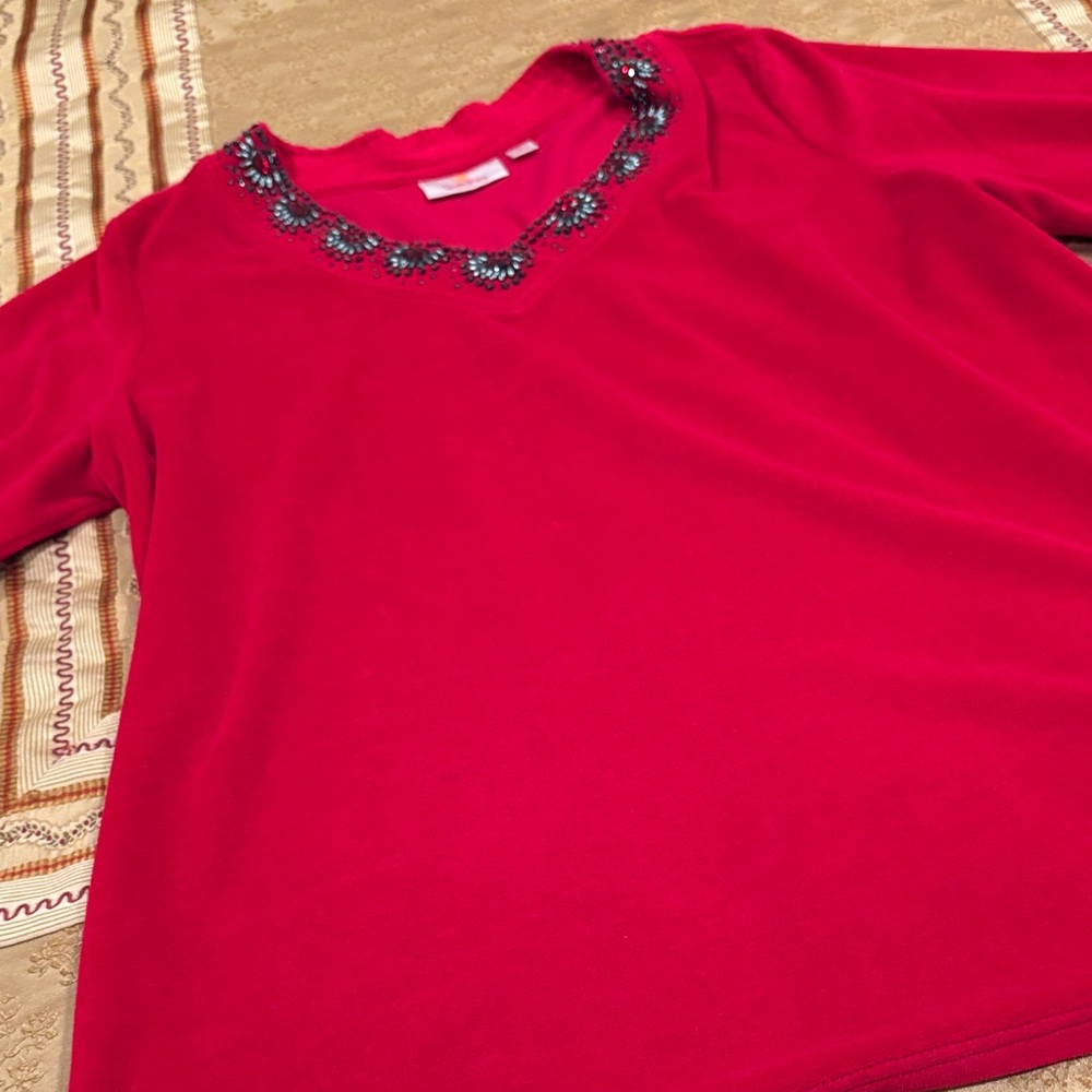 Quacker Factory Vibrant Cherry  Red Top, Velour Feel, Jeweled neckline, L